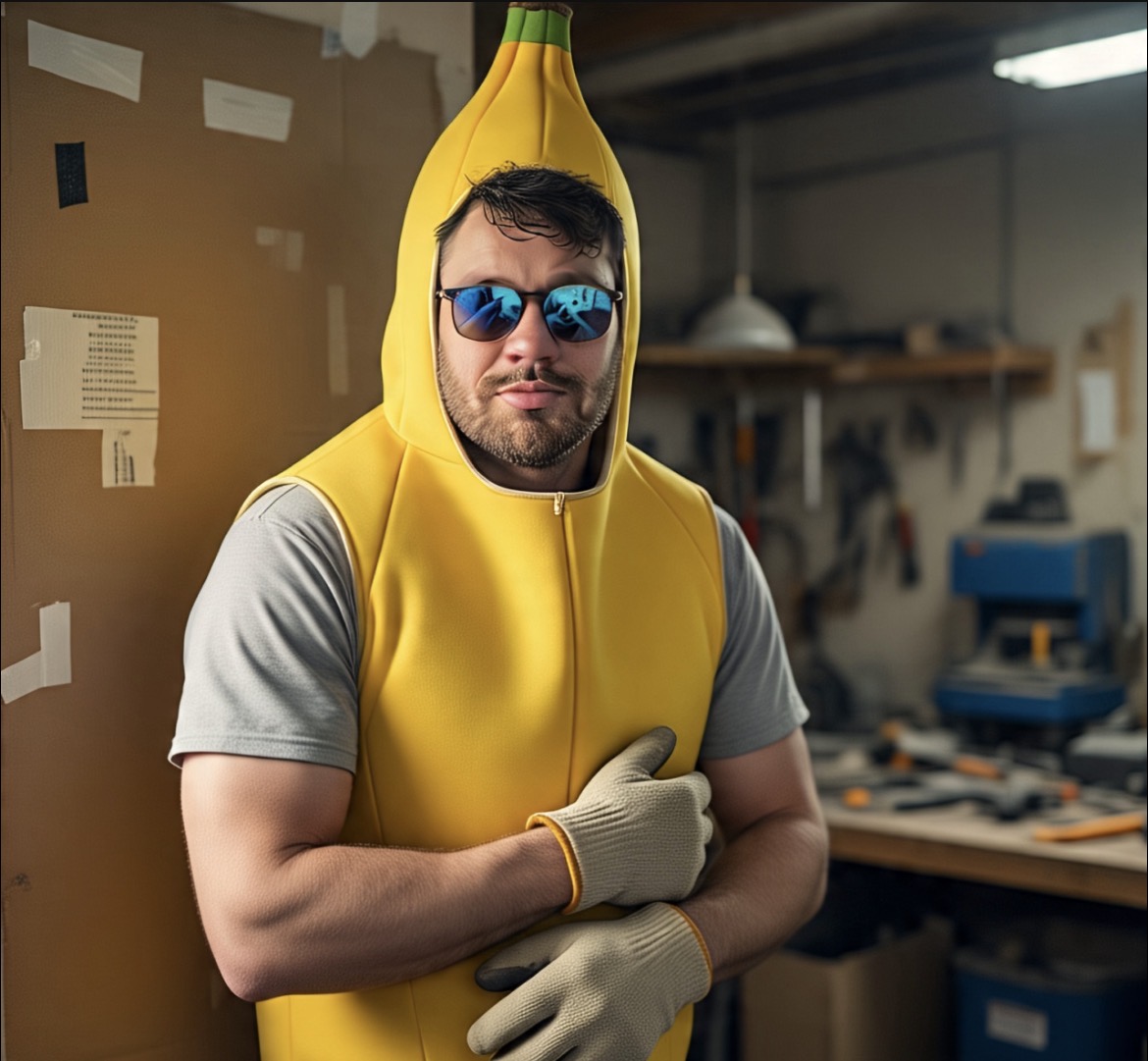 The ScamJammer mascot — a man in a banana suit with aviator sunglasses and work gloves, arms crossed. Absurd. Serious. Armed.